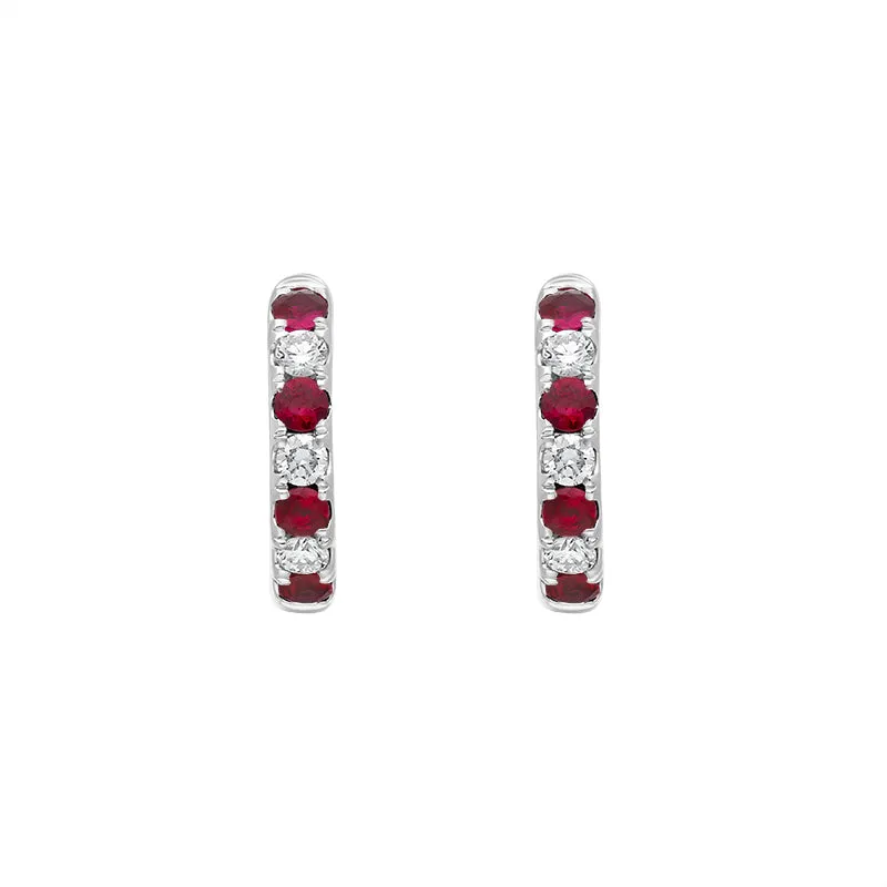 18ct White Gold Ruby Diamond Seven Stone Hoop Earrings
