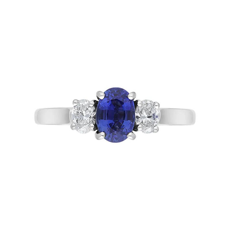 18ct White Gold Sapphire Diamond Oval Cut Three Stone Ring