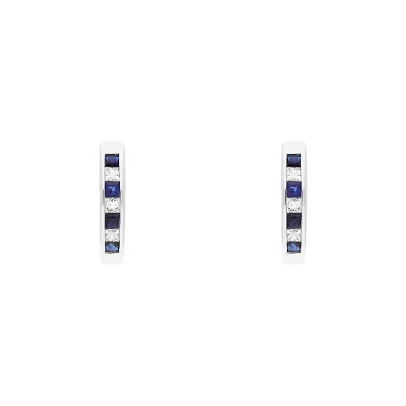 18ct White Gold Sapphire Diamond Princess Cut Hoop Earrings