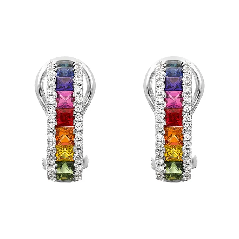 18ct White Gold Sapphire Diamond Princess Cut Multicolour Hoop Earrings