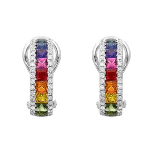 18ct White Gold Sapphire Diamond Princess Cut Multicolour Hoop Earrings