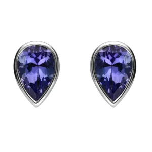 18ct White Gold Tanzanite 6x4mm Pear Rub Over Set Stud Earrings