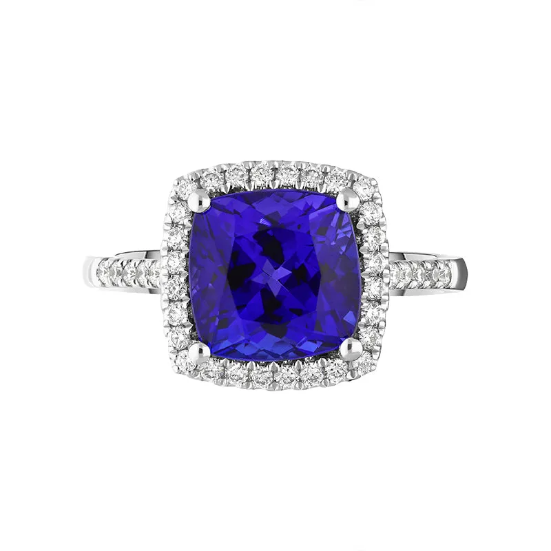 18ct White Gold Tanzanite Diamond Cushion Cut Shoulder Set Halo Ring