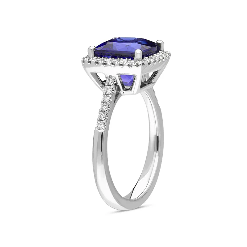 18ct White Gold Tanzanite Diamond Cushion Cut Shoulder Set Halo Ring