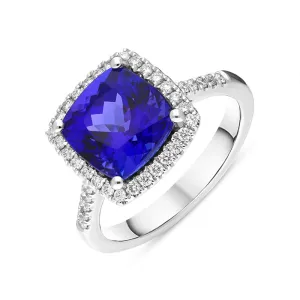 18ct White Gold Tanzanite Diamond Cushion Cut Shoulder Set Halo Ring