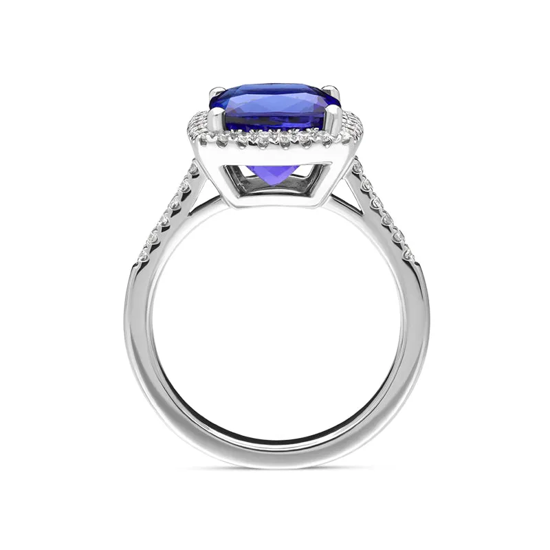 18ct White Gold Tanzanite Diamond Cushion Cut Shoulder Set Halo Ring