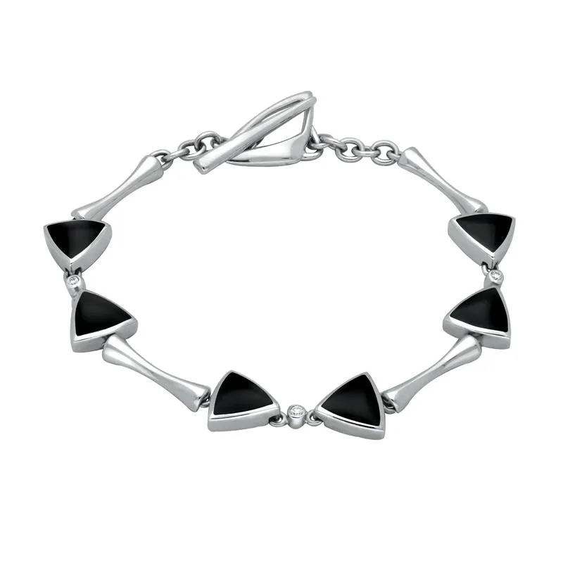 18ct White Gold Whitby Jet Diamond 6 Stone Curved Triangle Bracelet