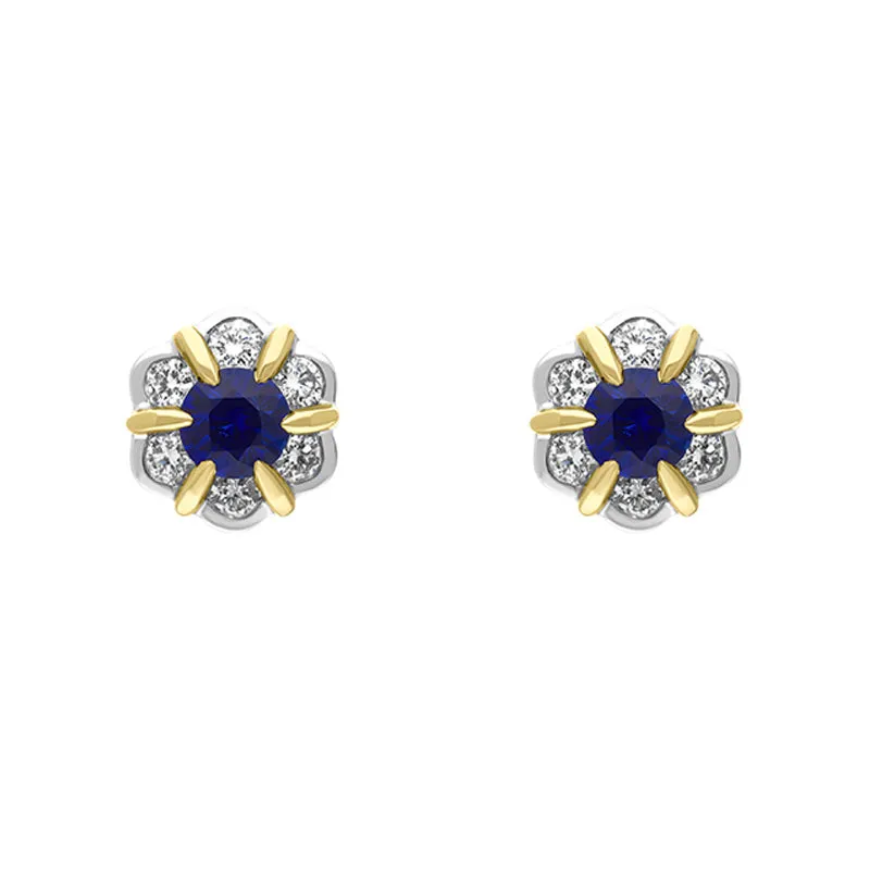 18ct Yellow and White Gold Sapphire Diamond Flower Cluster Stud Earrings