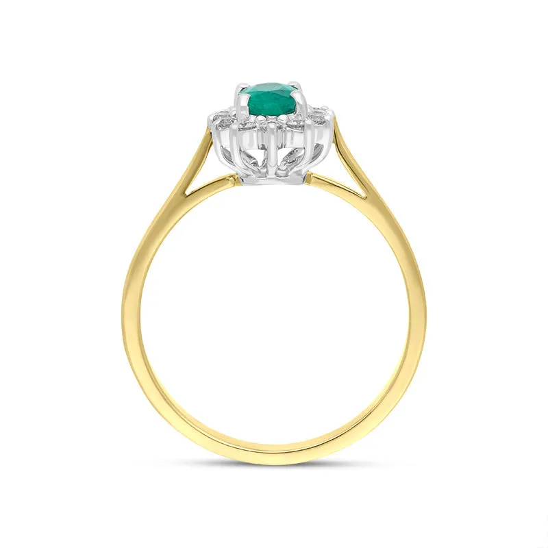 18ct Yellow Gold 0.34ct Emerald Diamond Oval Cluster Halo Ring