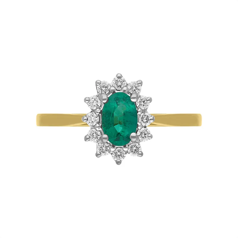 18ct Yellow Gold 0.34ct Emerald Diamond Oval Cluster Halo Ring