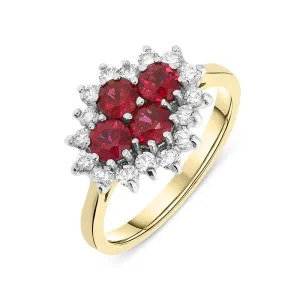 18ct Yellow Gold 0.44ct Ruby Brilliant Cut 0.24ct Diamond Claw Set Cluster Ring