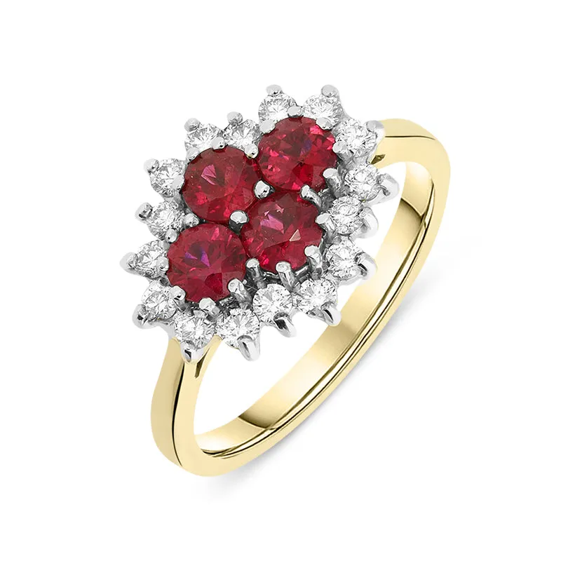 18ct Yellow Gold 0.44ct Ruby Brilliant Cut 0.24ct Diamond Claw Set Cluster Ring