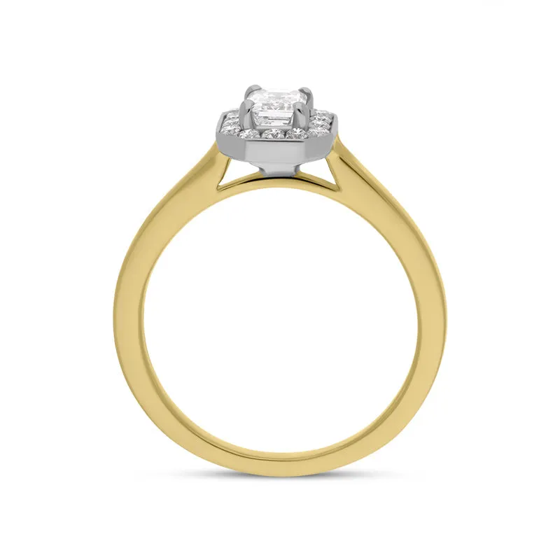 18ct Yellow Gold 0.49ct Diamond Emerald Cut Halo Ring