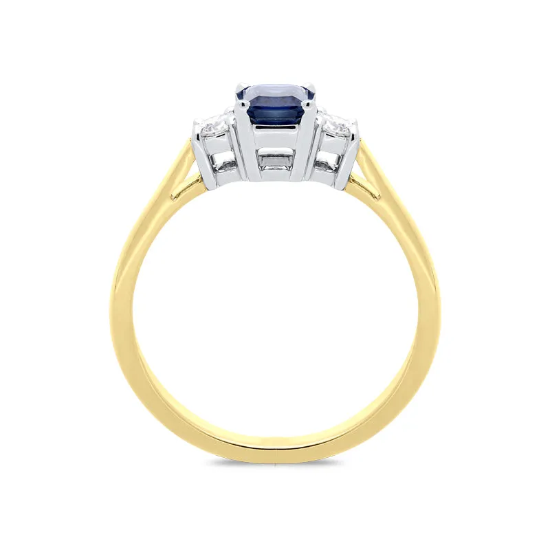18ct Yellow Gold 0.57ct Sapphire Diamond Emerald Cut Trilogy Ring