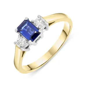 18ct Yellow Gold 0.57ct Sapphire Diamond Emerald Cut Trilogy Ring