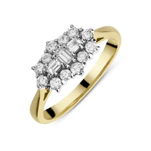 18ct Yellow Gold 0.62ct Diamond Baguette and Brilliant Cut Cluster Ring