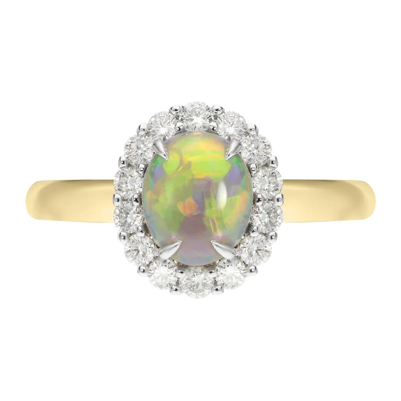 18ct Yellow Gold 0.89ct Opal 0.35ct Diamond Oval Cluster Ring