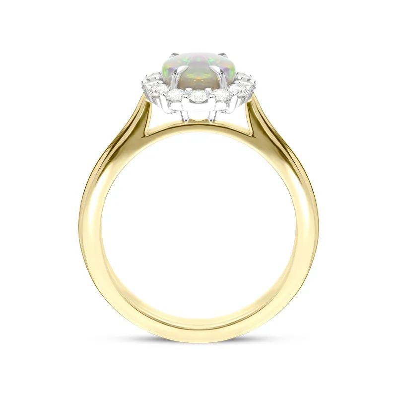 18ct Yellow Gold 0.89ct Opal 0.35ct Diamond Oval Cluster Ring