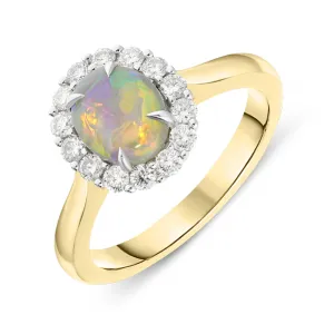 18ct Yellow Gold 0.89ct Opal 0.35ct Diamond Oval Cluster Ring