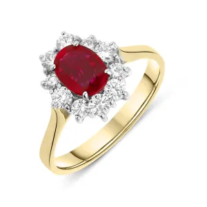 18ct Yellow Gold 1.05ct Ruby Diamond Oval Claw Set Cluster Ring