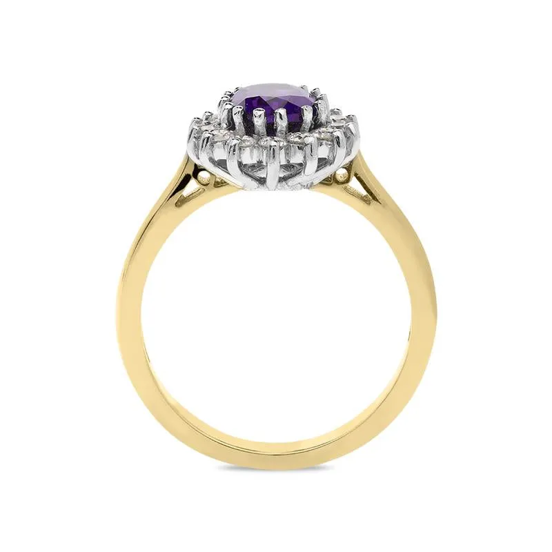 18ct Yellow Gold 1.12ct Amethyst Diamond Oval Cluster Ring