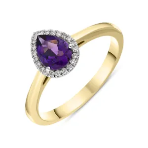 18ct Yellow Gold Amethyst Diamond Pear Cut Halo Ring D