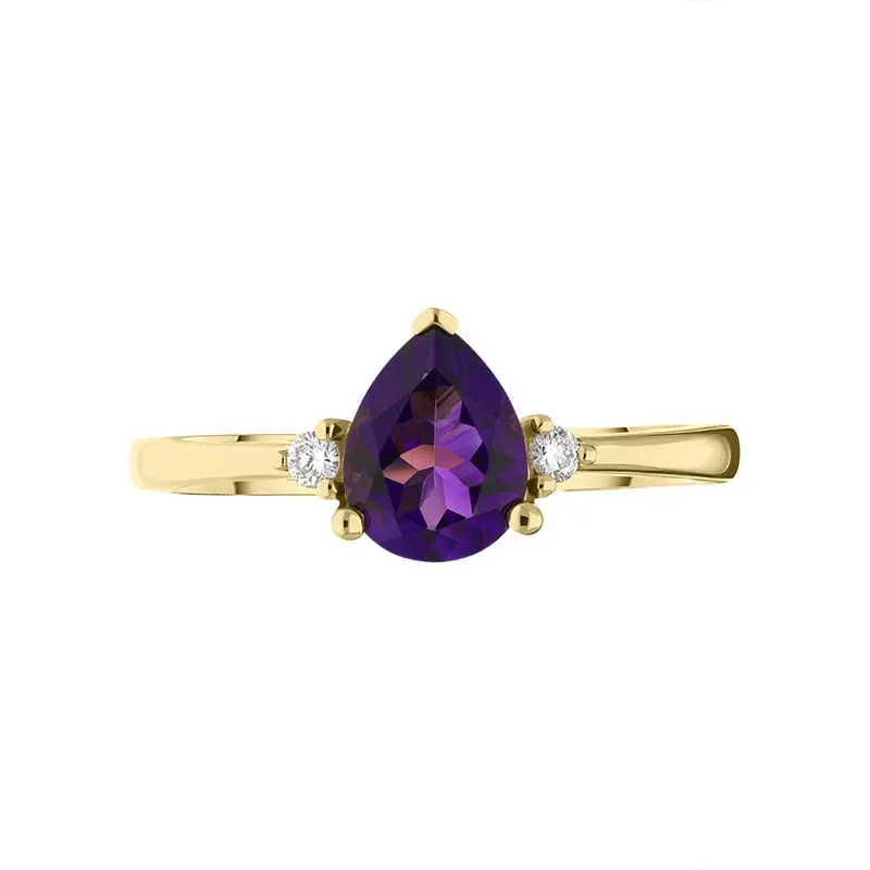 18ct Yellow Gold Amethyst Diamond Pear Cut Three Stone Ring