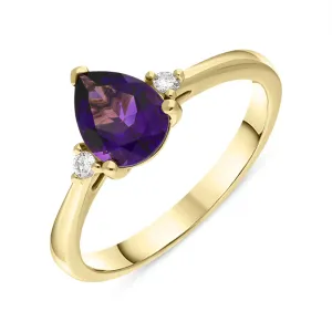 18ct Yellow Gold Amethyst Diamond Pear Cut Three Stone Ring