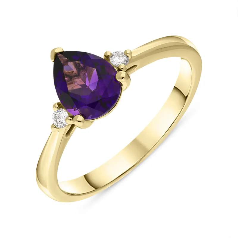 18ct Yellow Gold Amethyst Diamond Pear Cut Three Stone Ring