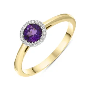 18ct Yellow Gold Amethyst Diamond Round Cut Halo Ring