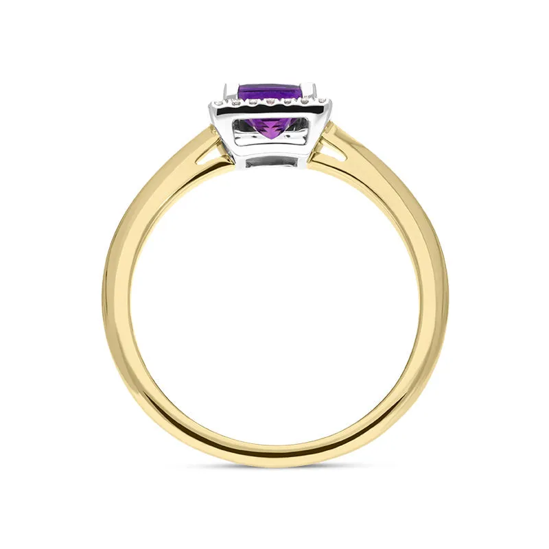18ct Yellow Gold Amethyst Diamond Square Cut Halo Ring