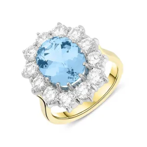 18ct Yellow Gold Aquamarine Diamond Cluster Ring D