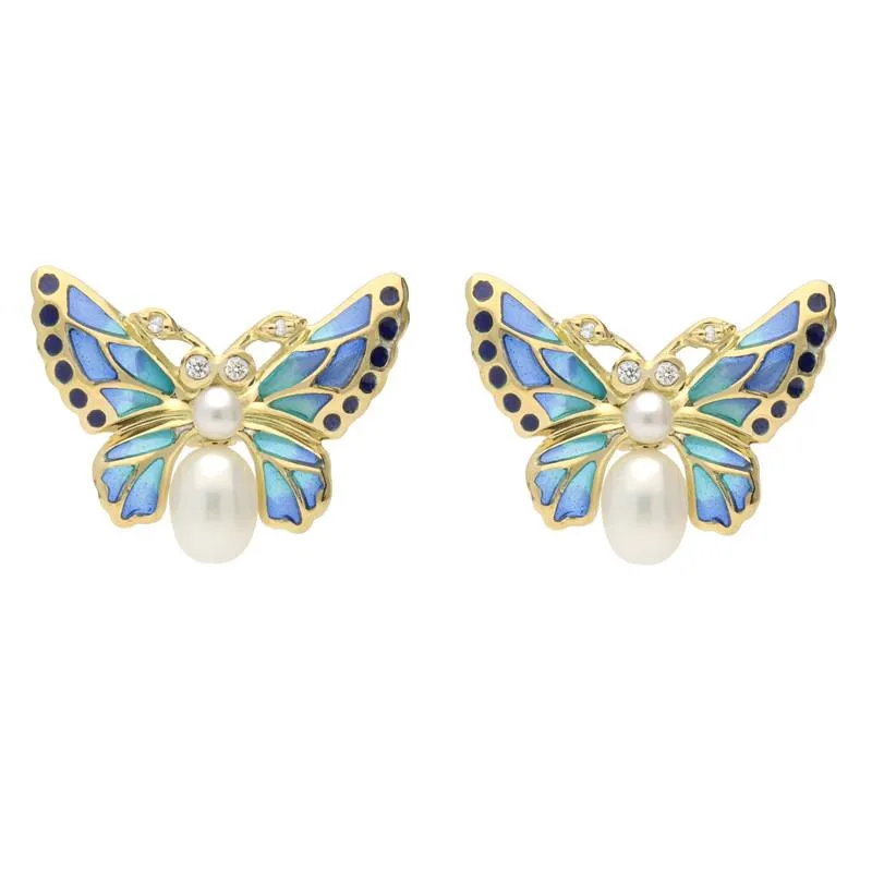 18ct Yellow Gold Diamond Pearl Enamel Style & Fashion Butterfly Stud Earrings