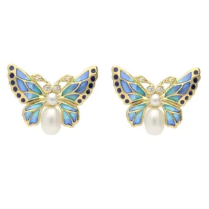 18ct Yellow Gold Diamond Pearl Enamel Style & Fashion Butterfly Stud Earrings