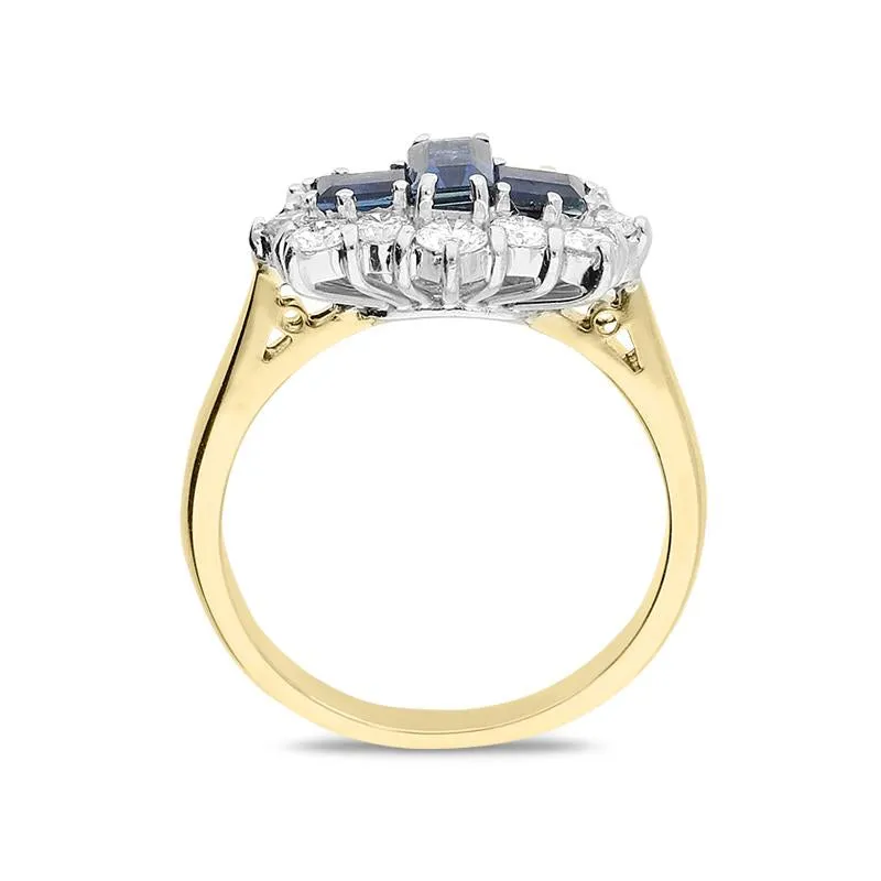 18ct Yellow Gold Emerald Cut Sapphire Diamond Cluster Ring