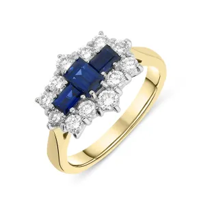 18ct Yellow Gold Emerald Cut Sapphire Diamond Cluster Ring