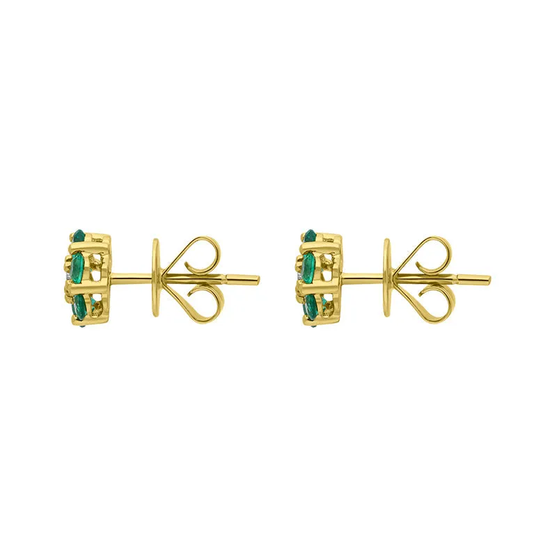 18ct Yellow Gold Emerald Diamond Round Cluster Flower Stud Earrings