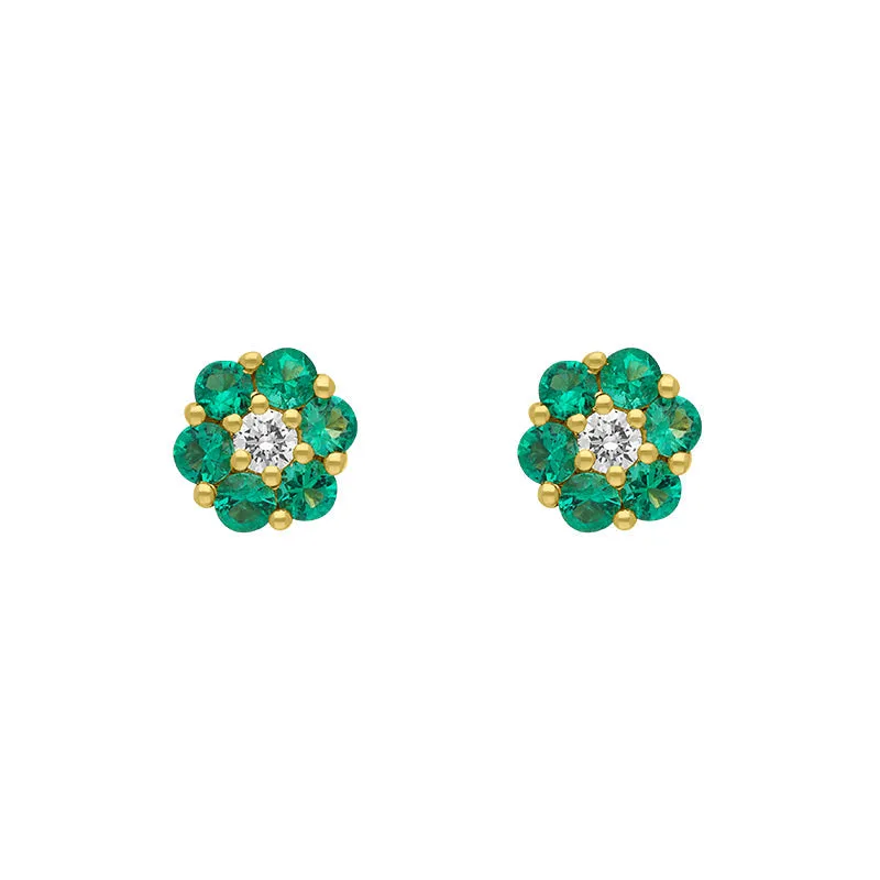 18ct Yellow Gold Emerald Diamond Round Cluster Flower Stud Earrings