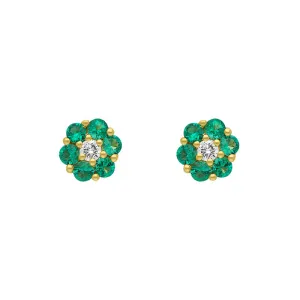 18ct Yellow Gold Emerald Diamond Round Cluster Flower Stud Earrings