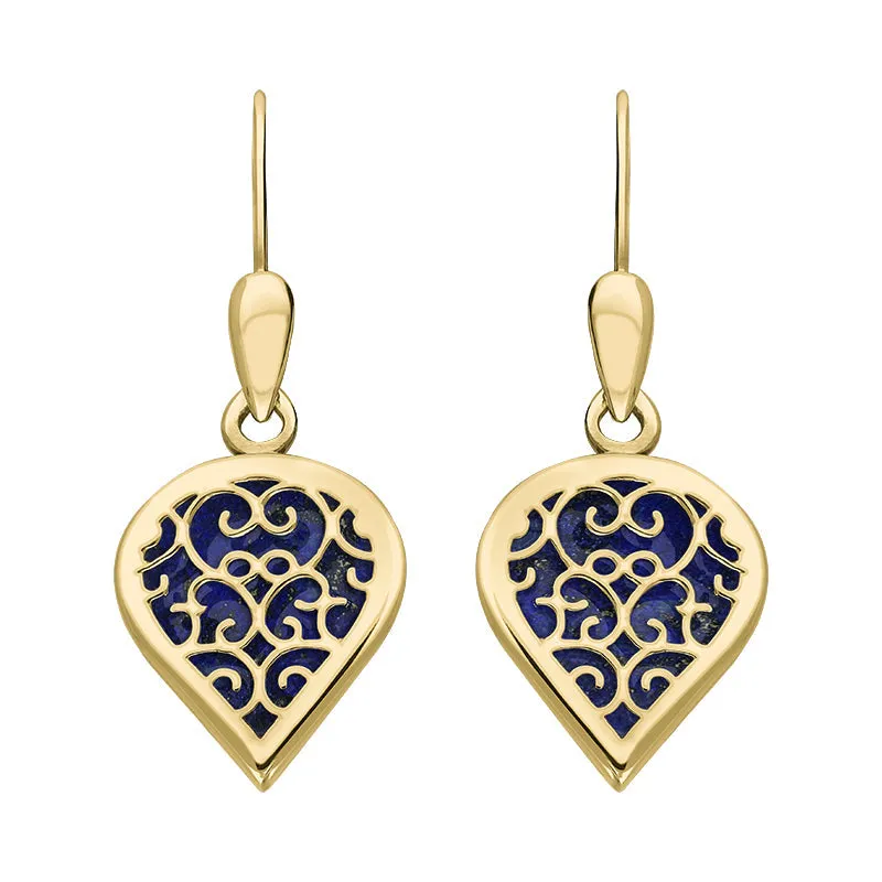 18ct Yellow Gold Lapis Lazuli Flore Filigree Heart Drop Earrings