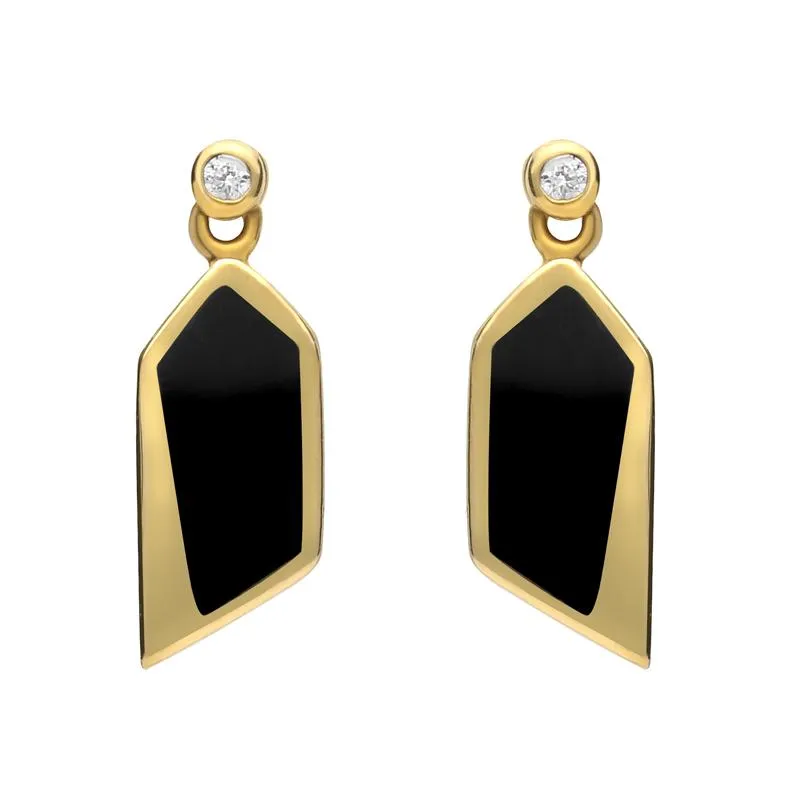 18ct Yellow Gold Whitby Jet Diamond Abstract Pentagon Drop Earrings D