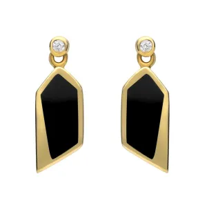 18ct Yellow Gold Whitby Jet Diamond Abstract Pentagon Drop Earrings D