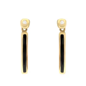 18ct Yellow Gold Whitby Jet Diamond Slim Oblong Drop Earrings D