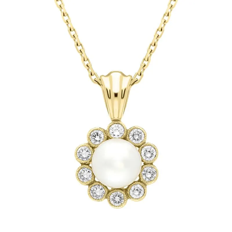 18ct Yellow Gold White Akoya Pearl Diamond Flower Necklace