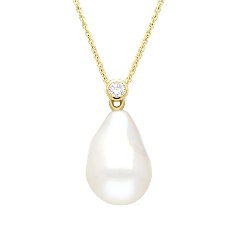18ct Yellow Gold White Pearl 0.10ct Diamond Drop Necklace D