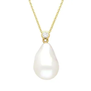 18ct Yellow Gold White Pearl 0.10ct Diamond Drop Necklace D