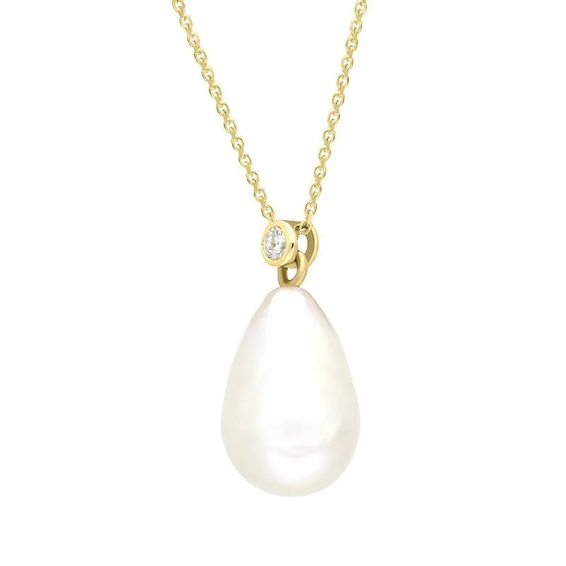 18ct Yellow Gold White Pearl 0.10ct Diamond Drop Necklace D