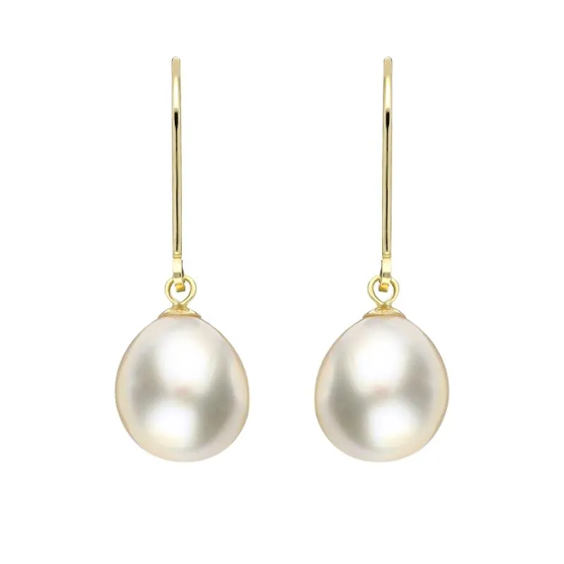 18ct Yellow Gold White Pearl 9mm Lever Back Drop Earrings