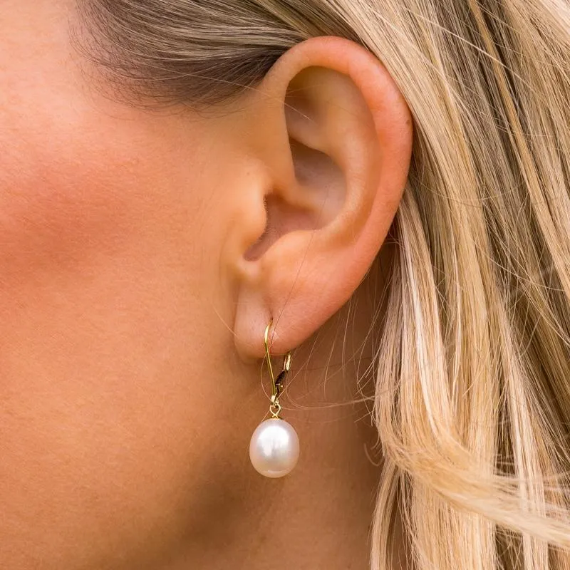 18ct Yellow Gold White Pearl 9mm Lever Back Drop Earrings