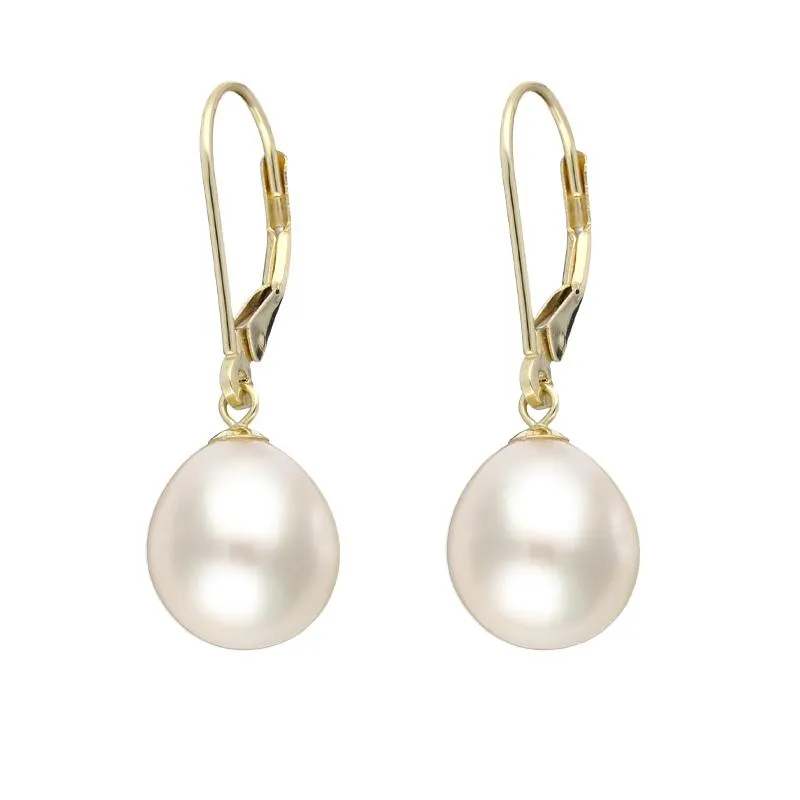 18ct Yellow Gold White Pearl 9mm Lever Back Drop Earrings